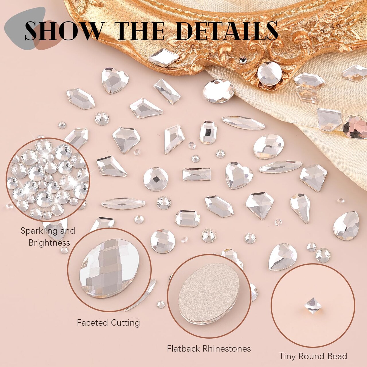 2630 Pieces Clear Glass Nail Rhinestones 120 Pieces Multi Shapes Flatback Gems Crystal + 2510Pcs 1.5-4mm Round Beads with Rhinestones Glue Gel, Manicure Diomand Jewelry Gemstones for Nail Design Makeup